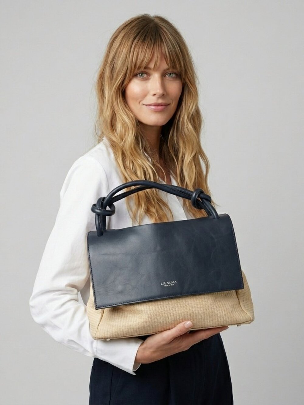 Italian Raffia Leather Saddle Bag Convertible Crossbody Purse Navy Blue Satchel